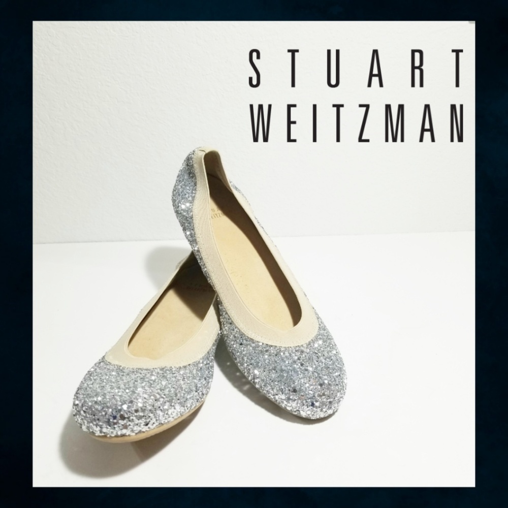 Stuart Weitzman Silver Glitter Lastikon  Flats